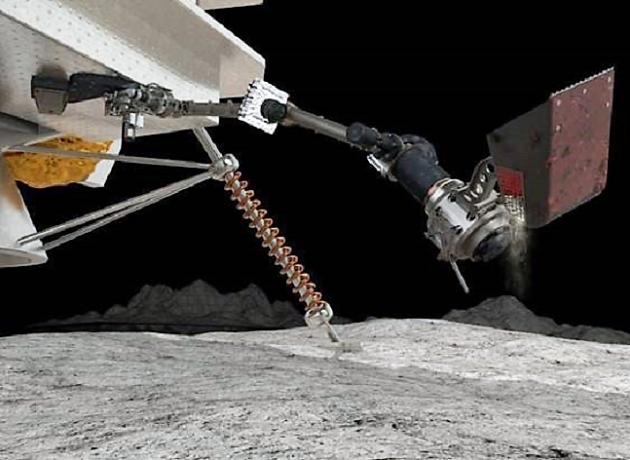 An artist’s rendition shows the SAMPLR robotic arm working on the moon. 