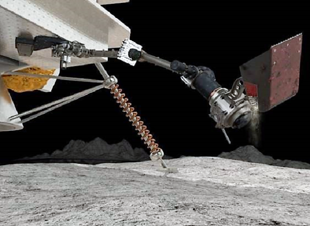 An artist’s rendition shows the SAMPLR robotic arm working on the moon.