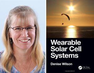 Denise Wilson headshot next to cover of her book, "Wearable Solar Cell Systems"