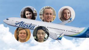 UW ECE student headshots surrounding a photo of an Alaska Airlines plane