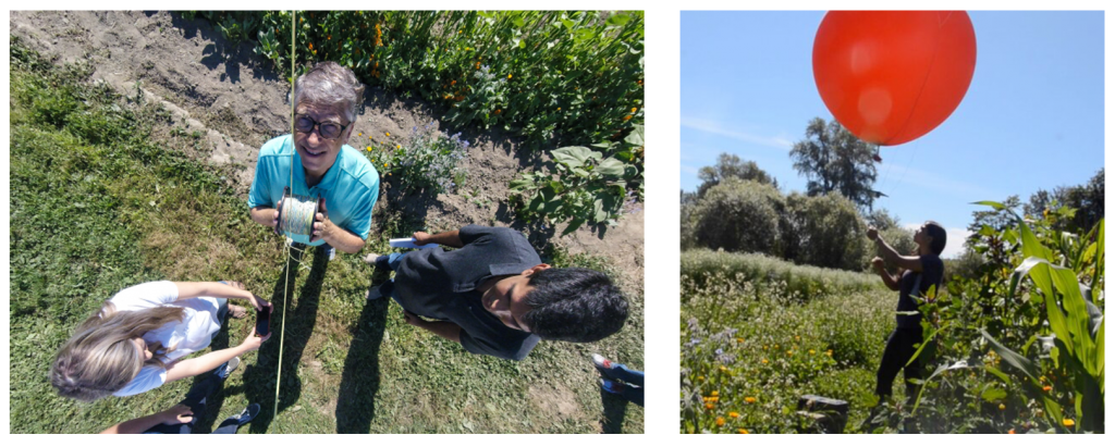 The FarmBeats system caught the attention of renowned environmentalist, global public health philanthropist and Microsoft co-founder Bill Gates. Gates wrote an article on his personal blog describing his impressions of the FarmBeats project. Here, he is seen (center) next to Zerina (bottom left) looking up at the smartphone camera tethered to a FarmBeats balloon. Pictured at right, a FarmBeats balloon being tested in the field.