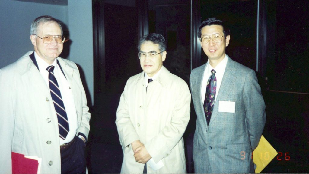 C-K. Chou with his two mentors and “heroes,” Dr. Bill Guy and UW ECE Professor Emeritus Akira Ishimaru, at Dr. Guy’s retirement party in 1991, which was organized by Chou. Left to right: Guy, Ishimaru and Chou.