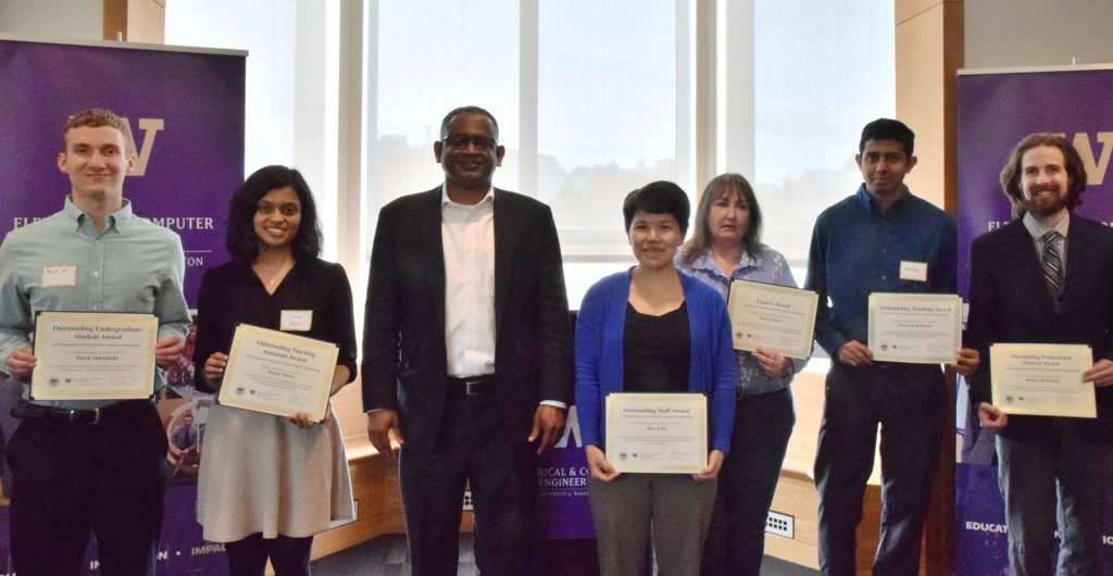 Former UW ECE Chair Radha Poovendran with 2019 departmental award winners