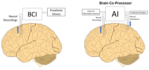 Illustration comparing a traditional BCI to a brain co-processor