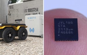 At left, a mobile robot approaches a WiBotic wireless charger. At right, a photo of the tiny Jeeva Parsair chip on the tip of a finger