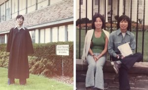 Left: A young Boon Chaya in UW EE graduation cap and gown, standing outside UW EE building. Right, a young Boon and Chieko Chaya sitting outside the Whitehouse