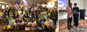 Left, a crowd of celebrating UW alumni, Right, Boon Chaya receives award from UW President Ana Marie Cauce