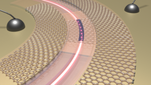 Rendering of a dark blue phase-change segment and a honeycomb lattice heater. 