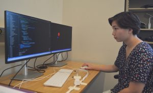 Annika Pfister sitting at a desk, working on a computer