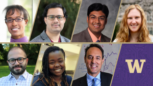 Headshots of seven faculty members and the UW logo