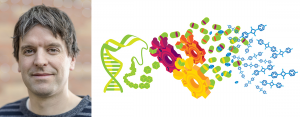 Headshot of man on the left, colorful illustration of DNA and molecules on the right