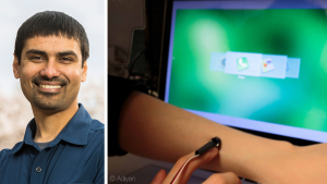 Photo of Shwetak Patel on the left and a demonstration of on-body sensing on the right