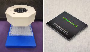 At left, a prototype of Levity Technologies mixing system, at right, a prototype of the Quantum Beam chip