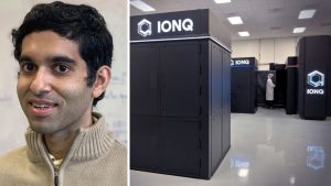 Headshot of man in tan zip-up jacket on left, photo of several IonQ quantum systems with person for scale