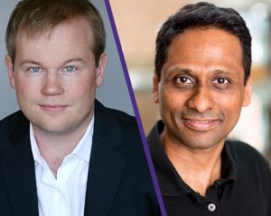 Headshot of Michael Taylor on the left and Arvind Krishnamurthy on the right. A thin, slanted purple line divides the headshots
