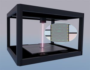 An illustration of a laser beam engraving a microchip in a black box frame, plus an inset showing the photonic chip circuitry