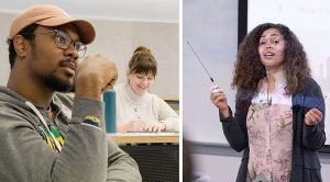 At left, a closeup of two students sitting at a desk and taking notes. At right, a photo of Shanti Garman lecturing and holding two antennas, each a different length