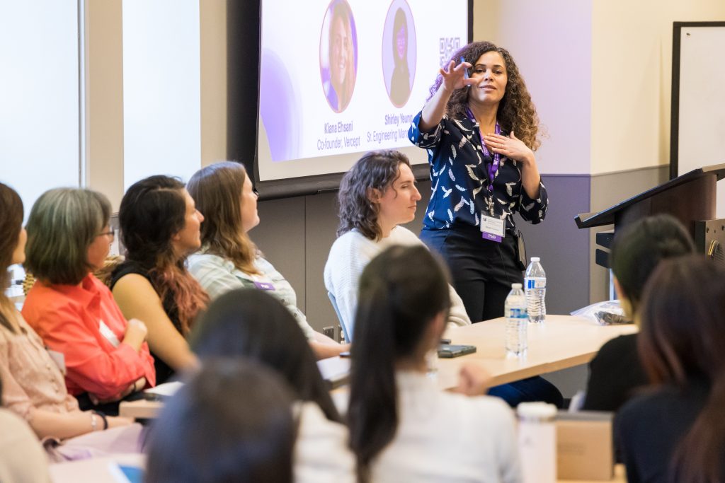 Garman moderating the Career Panel session of the 2025 WomXn at the Forefront of Engineering Research (WAFER) event.