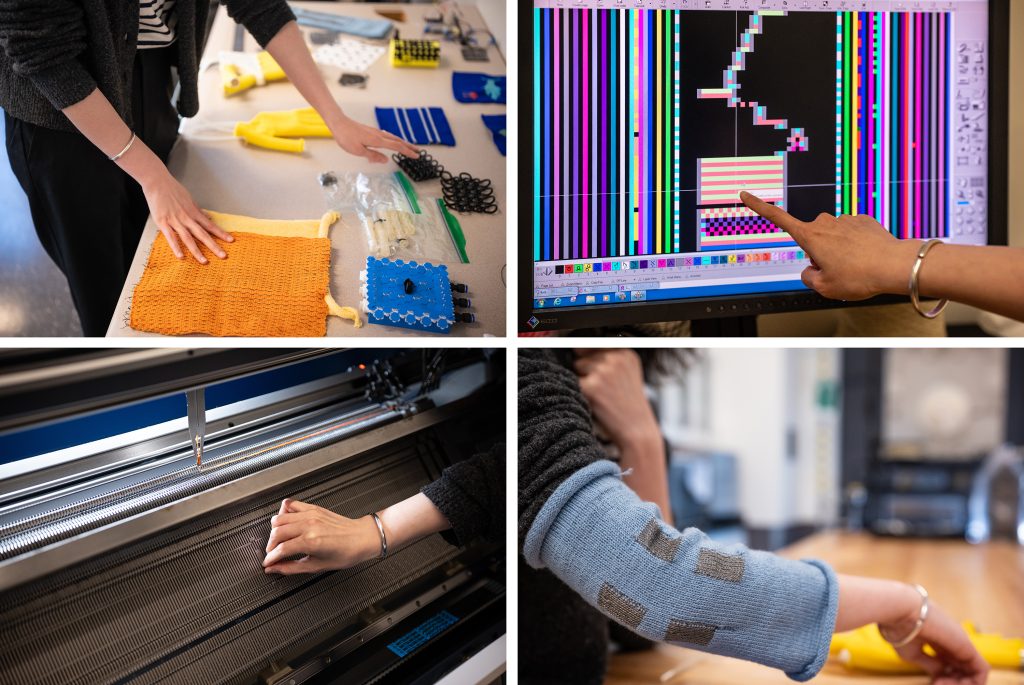 Clockwise from left to right: samples from the Wearable Intelligence Lab, showcasing digitally-knitted fabrics integrated with both customized and commercial fibers for multimodal sensing and actuation; a digital design program used for generating the knitting pattern; close-up of the knitting machine's individually actuated needles, which enable complex yarn manipulation via the yarn carrier; a knitted sleeve featuring integrated conductive electrodes for multimodal sensing. The sleeve can be worn like a conventional garment, offering a soft, conformal fit.
