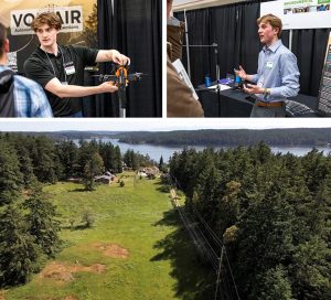 Three photos: In the upper left-hand photo, Ronan Nopp demonstrates the Voltair drone. In the upper-right-hand corner, Hayden Gosch explains how Voltair works at a conference. The photo at the bottom is a picture of a rural landscape with power lines running next to a thick forest.