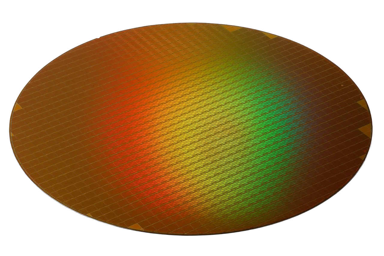 A silicon wafer containing hundreds of microchips produced by Micron.
