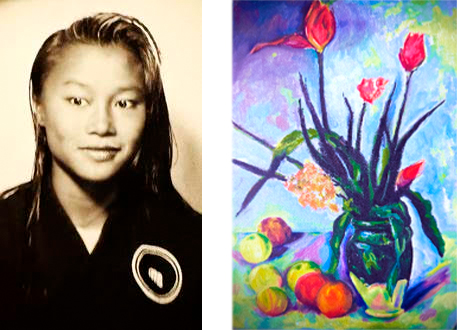 (left) Tran on the day of achieving the rank of second-degree black belt in karate while at the UW. (right) Tran’s oil-on-canvas study — an homage to French Post-Impressionist painter PaulCézanne, painted during her art school days.