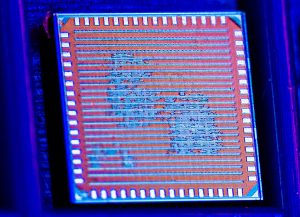 A closeup view of a microchip