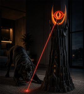 A photo illustration of a toy black tower with an eye of Sauron at the top, shooting out a laser at the floor. A black labrador dog is in the background, chasing the laser.
